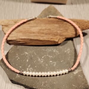 Pearl and Sterling Silver Necklace On Leather Cord NWOT